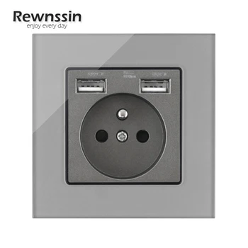 Rewnssin 2.1 Kettős USB Portok Ezüst Kristály Üveg Panel Fali Aljzatba FR Egyágyas/Kétágyas/Háromágyas/Négyszeres USB Csatlakozó hálózati Csatlakozó