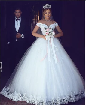 2019 Új A Legújabb arab Csipke Le A Vállán Fehér, Ivory Esküvői Ruha V-nyakkivágás Menyasszonyi Ruhák Vestido De Novia Egyedi Méret