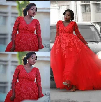 2020 Piros Vonal Esküvői Ruhák 3D Virágos Csipke Rátét Padló Hossza Tulle Hosszú Ujjú Afrikai Plus Size menyasszonyi Esküvői Ruha
