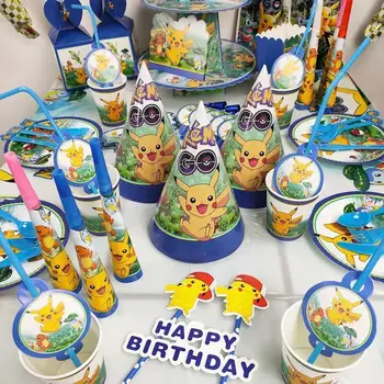 21Style Pokemon Rajzfilm Anime Ábra Pikachu Játék Téma Szülinapi Buli Étkészlet Tányér Dekoráció Gyermekek Kellékek Ajándék