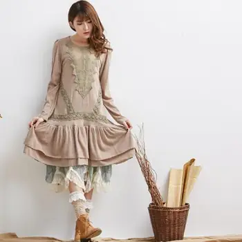 cottagecore aranyos mori lány hippi bohém retro klasszikus pamut ágynemű csipke horgolt patchwork őszi téli női hosszú ujjú ruha