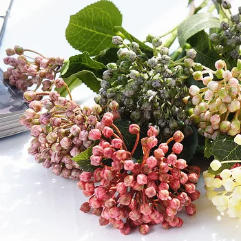 Hortenzia Gyümölcs, bogyós gyümölcsök, levelek műanyag művirágok otthon kert dekoráció fleur artificielle 2Heads/ág hamis növény
