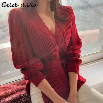 SHIJIA V-nyakú Piros Pulóver Nő Lace-up Őszi Téli 2021 koreai Divat Kötött Felsők Osztott Elegáns Streetwear Pulóver Női