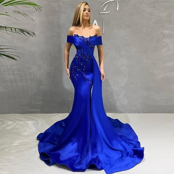 Szexi Szatén Royal Kék Sellő Estélyi Ruha 2021 Gyöngyök Hosszú Prom Ruha Le A Váll Bíróság Vonat Backless Vestidos De Noche