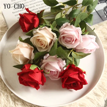 YO CHO Hamis Rózsa Virág Mesterséges Selyem Virágok DIY Esküvő, Menyasszony Csokor, Bordó, Pezsgő Rózsa virágkötészet lakberendezés