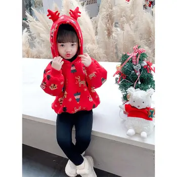 Új koreai Stílus Lányok Őszi-Téli Ruházat Divatos Vastag, Bő Szabású Kapucnis Karácsonyi Top Fleece Bélelt Pulóver