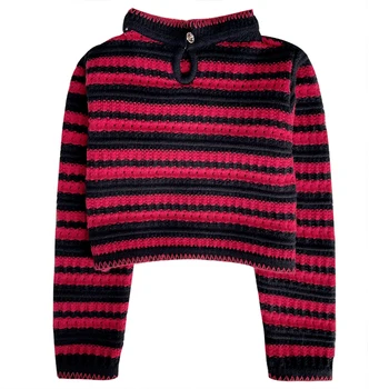 Őszi retro piros fekete szín megfelelő csíkos, slim fit rövid szakasz, hosszú ujjú, kötött pulóver
